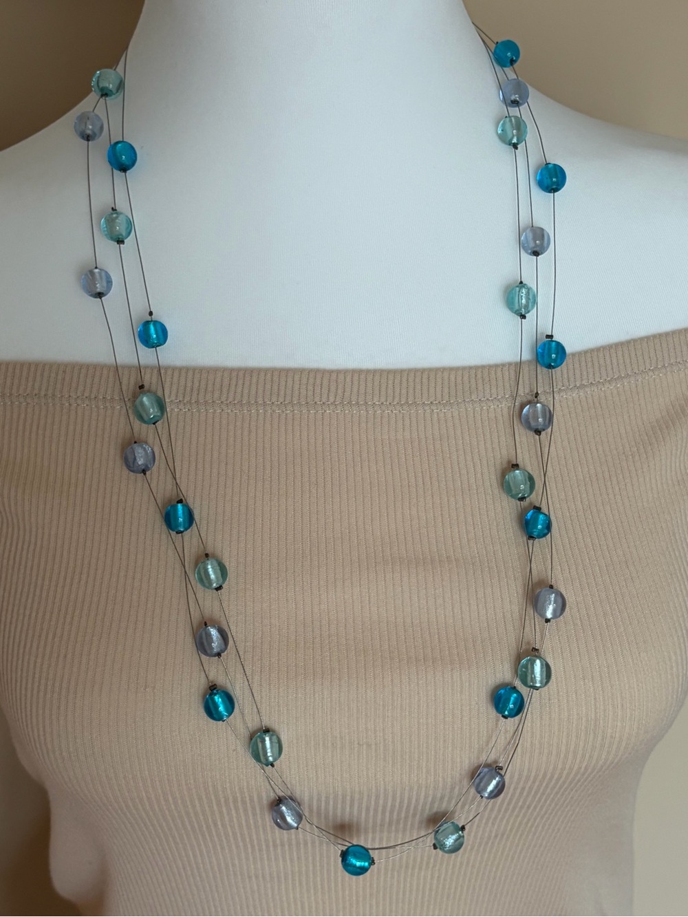 Layered Glass Bead Necklace in Teal and Gray